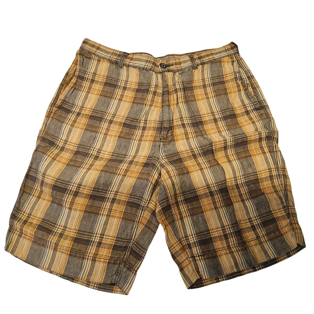 Tommy Bahama‎ Relax Shorts Mens 34 Brown Orange Plaid 100% Linen Breathable